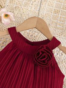 2pcs/Set Little Girls Summer Floral Halter Chiffon Ruffled Top And Shorts Set, Vacation Elegant Outfit - Burgundy - View 8