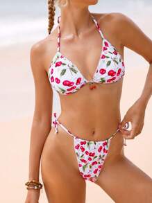 SHEIN Swim Popular Cute Cherry Decor Halter Women Bikini, Suitable For Party And Pool Summer - Multicolor - View 4