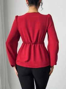 Chiquease Women's Solid Color Casual Twist Waist Long Sleeve Shirt - Red - View 2