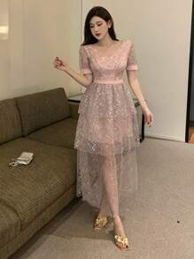 DAZY V-Neck Sequin Ruffle Hem Mid-Long Dress For Women, Holiday & Date Night Outfit Prom Dress Sundress