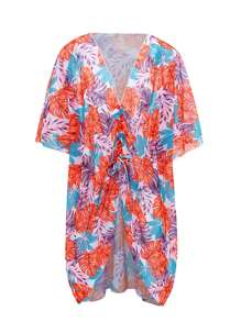 SHEIN Swim Vestido pareo con estampado de hoja grande tropical y colorido, con cordón en el centro para mujer - Multicolor - Ver 3