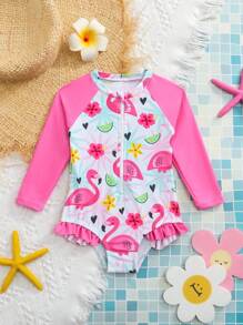Sparklyn Traje de baño de una pieza con diseño estampado para bebé niña, con borde de volantes, sin ribete, ropa de playa - Multicolor - Ver 3