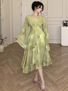 DAZY Plain V-Neck Mid-Length Women's Sheath Dress Prom Dress,Fall Dress Long Sleeve Dress - Green - View 10