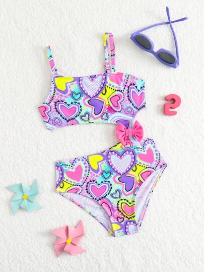 SHEIN Young Girl' Cute Heart Pattern One-Piece Swimsuit With Bow Decor (Random Print)