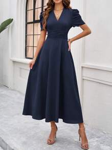 RosyDaze Ladies" Fashionable Solid Color Bubble Sleeve V-Neck Dress Maxi Women Outfit