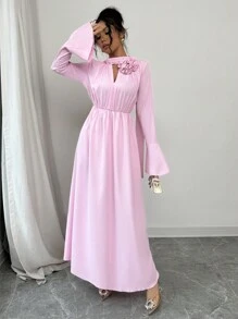 SHEIN Unity 女士优雅纯色 3D 花卉荷叶边袖系带中长连衣裙 - 粉色 - 查看 4