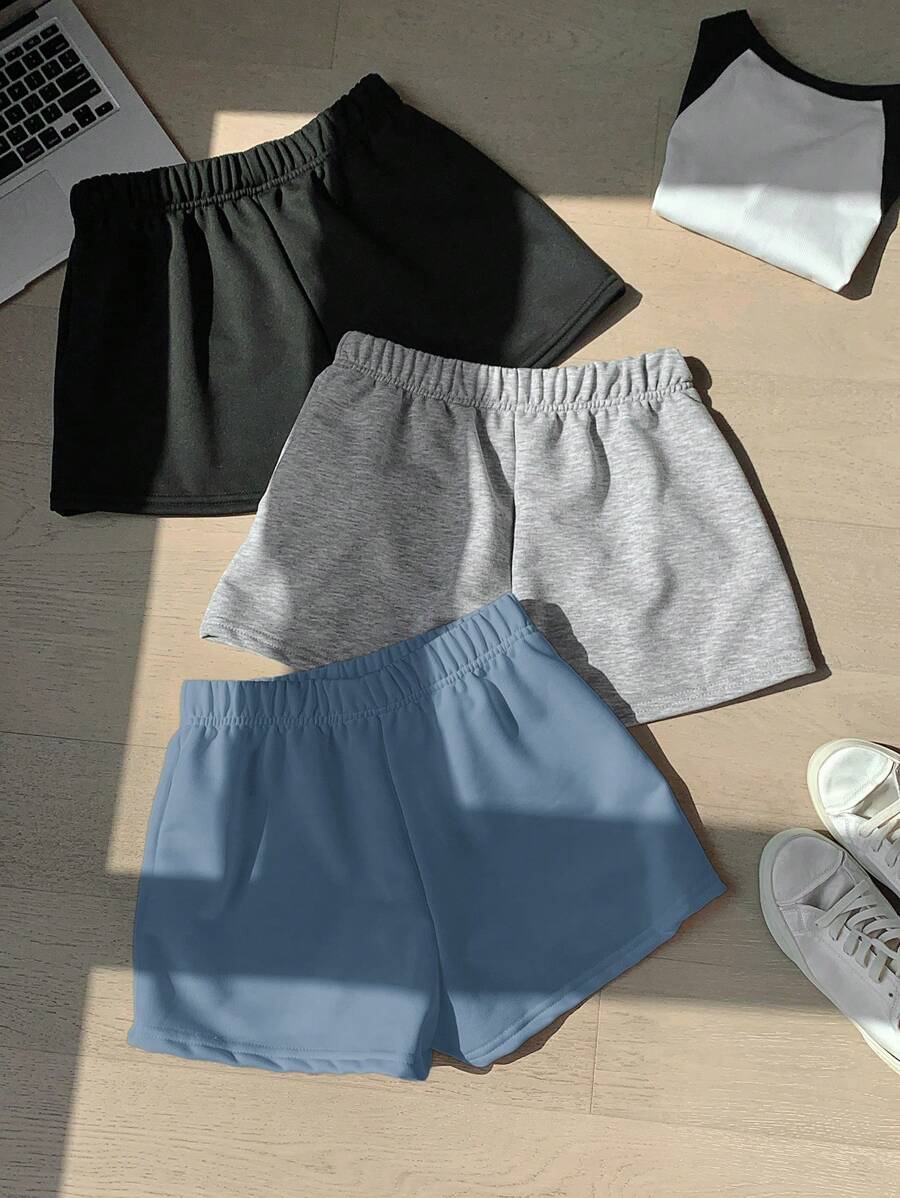 Comfortcana Plus Size Solid Color Elastic Waist Casual 3-Piece Shorts Set - Multicolor - View 1