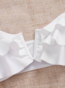 SHEIN Swim Summer Vacation Ruffled V-Neck Bustier Swimwear Top - White - View 3