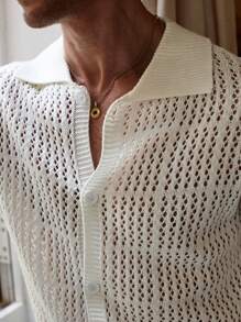 Manfinity Homme Men Casual Two-Tone Striped Pattern Button Open Knit Sweater Knitted Button Downs For Men's Old Money, Rave - White - View 5