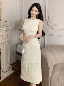 DAZY 女士优雅婚礼宾客礼服，圆领蝴蝶结装饰无袖拼接迷你连衣裙，舞会礼服，太阳裙，婚礼长裙 - 米色 - 查看 3