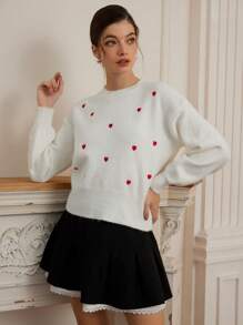 Aveloria Rosie Jersey elegante para mujer con cuello redondo blanco y bordado romántico de corazón rojo en contraste, adecuado para el Día de San Valentín