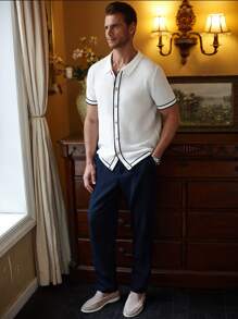 Manfinity CityGents Camisa casual de punto de manga corta con botones y ribete de contraste para hombres
