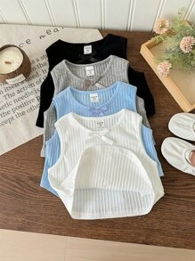 LMoss Kids LMoss 4pcs Set Young Girl Solid Color Fitted Knit Cropped Camisole - Multicolor - View 6