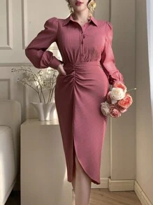 DAZY Plain Textured Button-Up Midi Dress With Gathered Waist And Side Slit For Women,Fall Dress Long Sleeve Dress - Hot Pink - View 3