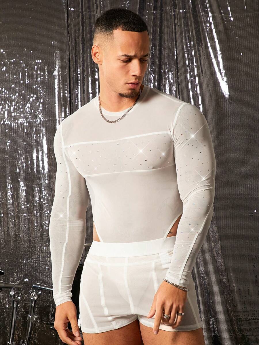 FeverCity Men's Semi-Transparent Fitted Knit Jumpsuit & Bib Overall Pants - White - View 1