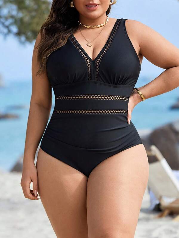 Swim Lushoire Plus Size Women's Solid One-Piece Swimsuit With Hollow Front, Waist Gathering, Suitable For Summer Beach Vacation