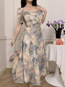 DAZY Vestido midi con mangas abullonadas, volantes en el bajo y estampado floral bohemio, vestido de verano elegante