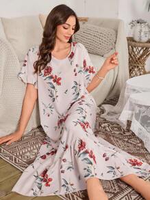 Ruffle Edge Patchwork Floral Print Long Nightgown - Multicolor - View 5
