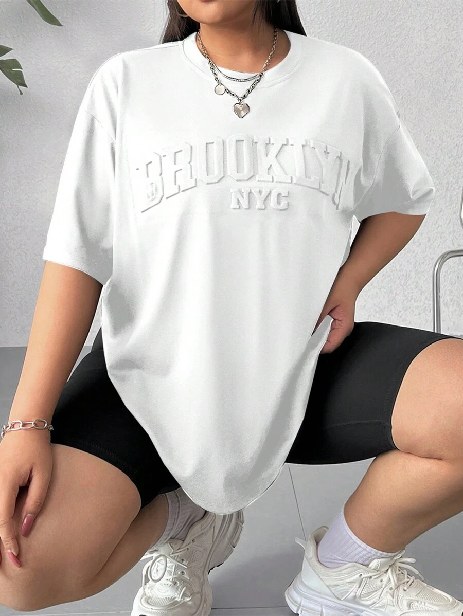 SHEIN EZwear Áo phông Brooklyn in chữ cỡ lớn dành cho nữ - trắng - Xem 1