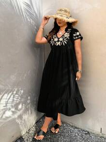 Breezaya Plus Size Floral Embroidery Short Sleeve Casual Vacation Style Dress