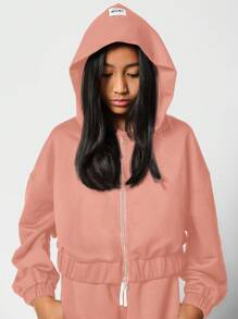 SUMWON Cozy Full Zip Hoodie Jacket With Elastic Waistband Athletic Sweatshirt For Wear Workout Casual Wear With Kangaroo Pockets Fall Winter Season - Coral Pink - View 3