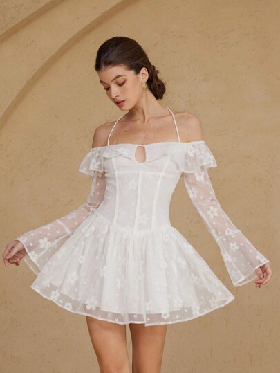 Aveloria White Mesh Floral Embroidered Off Shoulder Tie-Up Ruffle Hem Fitted Party Mini Dress, Romantic For New Year & Valentine's Day Fall Cloth For Women