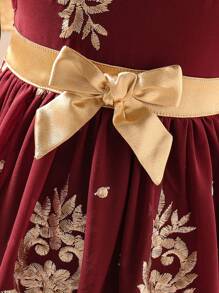女童前系带无袖优雅图案细节连衣裙 - 酒紅色 - 查看 3