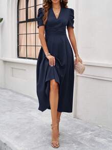 RosyDaze Ladies" Fashionable Solid Color Bubble Sleeve V-Neck Dress Maxi Women Outfit