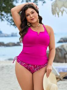 Swim Lushoire Conjunto de tankini de talla grande para mujer con parte superior de color sólido y Bottom con estampado tropical, para verano y vacaciones en la playa