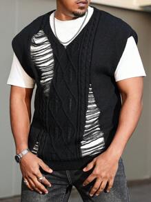 Manfinity LEGND Chaleco de punto casual minimalista con cuello en V y diseño desgastado para hombres de talla grande