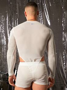 FeverCity Men's Semi-Transparent Fitted Knit Jumpsuit & Bib Overall Pants - White - View 3