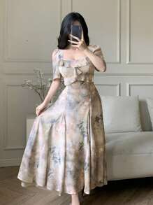 DAZY Vestido midi con mangas abullonadas, volantes en el bajo y estampado floral bohemio, vestido de verano elegante