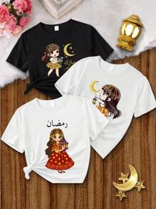 SHEIN 3pcs Young Girl Casual Cute Moon And Lantern Cartoon Character Print Round Neck Short Sleeve T-Shirts - Multicolor - View 1