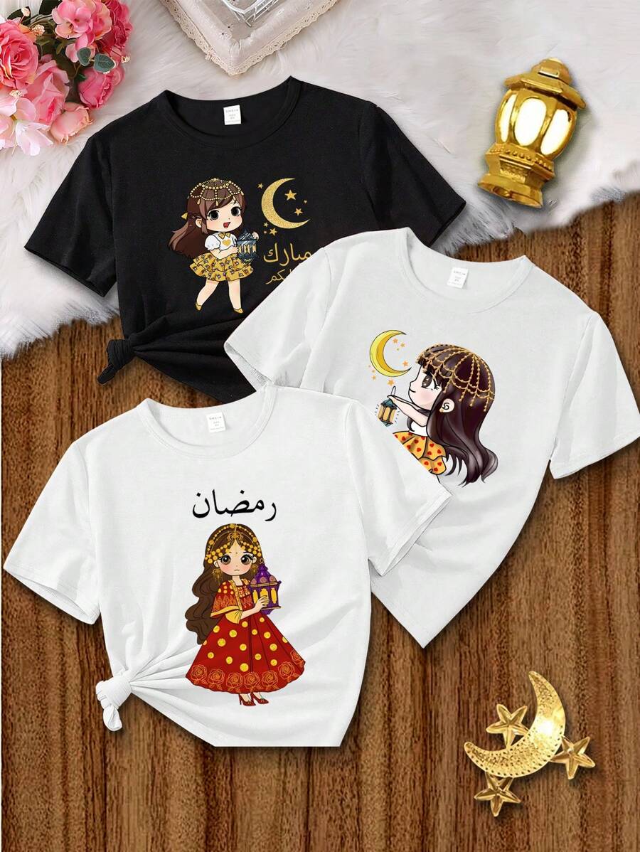 SHEIN 3pcs Young Girl Casual Cute Moon And Lantern Cartoon Character Print Round Neck Short Sleeve T-Shirts - Multicolor - View 1