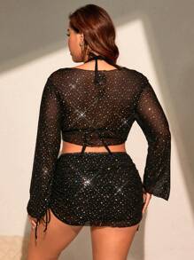 SHEIN Swim Curve Plus Size Women Halter Lace-Up Triangle Cup Tankini Set With Long Sleeve Drawstring Mesh Cover Up Top & Skirt Summer Beach Vacation Set - Black - View 2