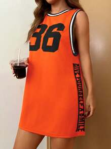 SHEIN EZwear 夏季休闲宽松橙色网眼字母和数字图案运动连衣裙，无袖