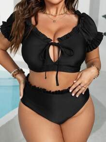 SHEIN Swim Curve Summer Plus Size Women's 2 Pieces Bikini Set, V-Neck Tie Front, Ruffled Puff Sleeve, Sweet Solid Black, Casual Fashion Beach Outfit