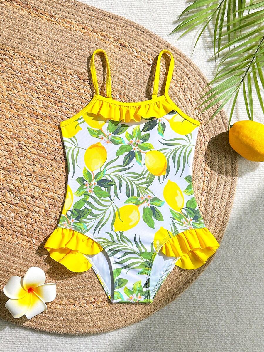 1pc Fruit Pattern Young Girl Swimming Swimsuit - Yellow - View 1