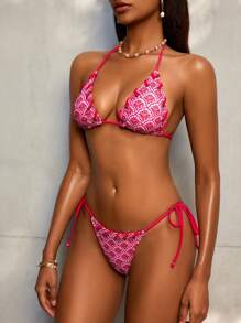 SHEIN Swim Conjunto de bikini de mujer con estampado floral rosado bohemio y cordón perforado, elegante, para vacaciones y playa de alta gama - Multicolor - Ver 3