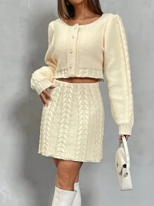 Women's Crew Neck Long Sleeve Simple Top And Skirt Knit Sweater Set Fall Cloth For Women - Khaki - View 2