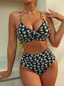 Swim Lushoire Stroje plażowe dla kobiet, swobodny dwukolorowy materiał teksturowany palm tree twist bikini set
