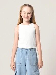 SUMWON 女孩夏季罗纹背心基本款无袖吊带柔软弹力短款上衣弧形下摆休闲运动舞蹈健身背心青少年时尚 - 彩色 - 查看 7