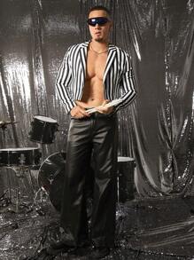 FeverCity Chaqueta corta holgada con estampado digital de rayas blancas y negras para hombre, para otoño e invierno