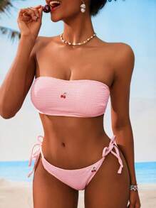 SHEIN Swim 夏季女士可爱樱桃图案抹胸比基尼套装 - 粉色 - 查看 3