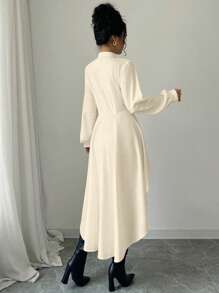 Elenzga 高低立领前开 A 字形荷叶边泡泡袖长衬衫