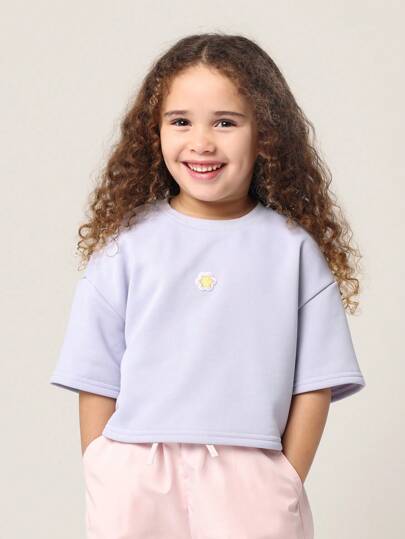 SUMWON 儿童女童碎花露脐T恤 春夏休闲短袖卫衣 运动基础款上衣，饰有可爱碎花贴片