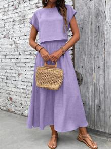 EMERY ROSE 2pcs/Set Women Solid Color Short Sleeve Casual Top And Skirt Set