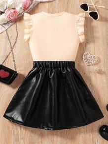 SHEIN 2 Pieces Set Tween Girls Crew Neck Heart Print Simple Top And Skirt - Multicolor - View 2