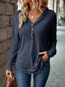 SHEIN LUNE Women's Solid Color Button Front Long Sleeve Basic Casual Top, Everyday Wear Fall Cloth For Women