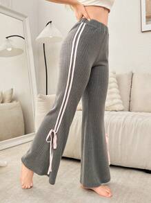 Color Block Striped Patchwork Drawstring Bowknot Casual Home Pants For Women - Grey - View 3